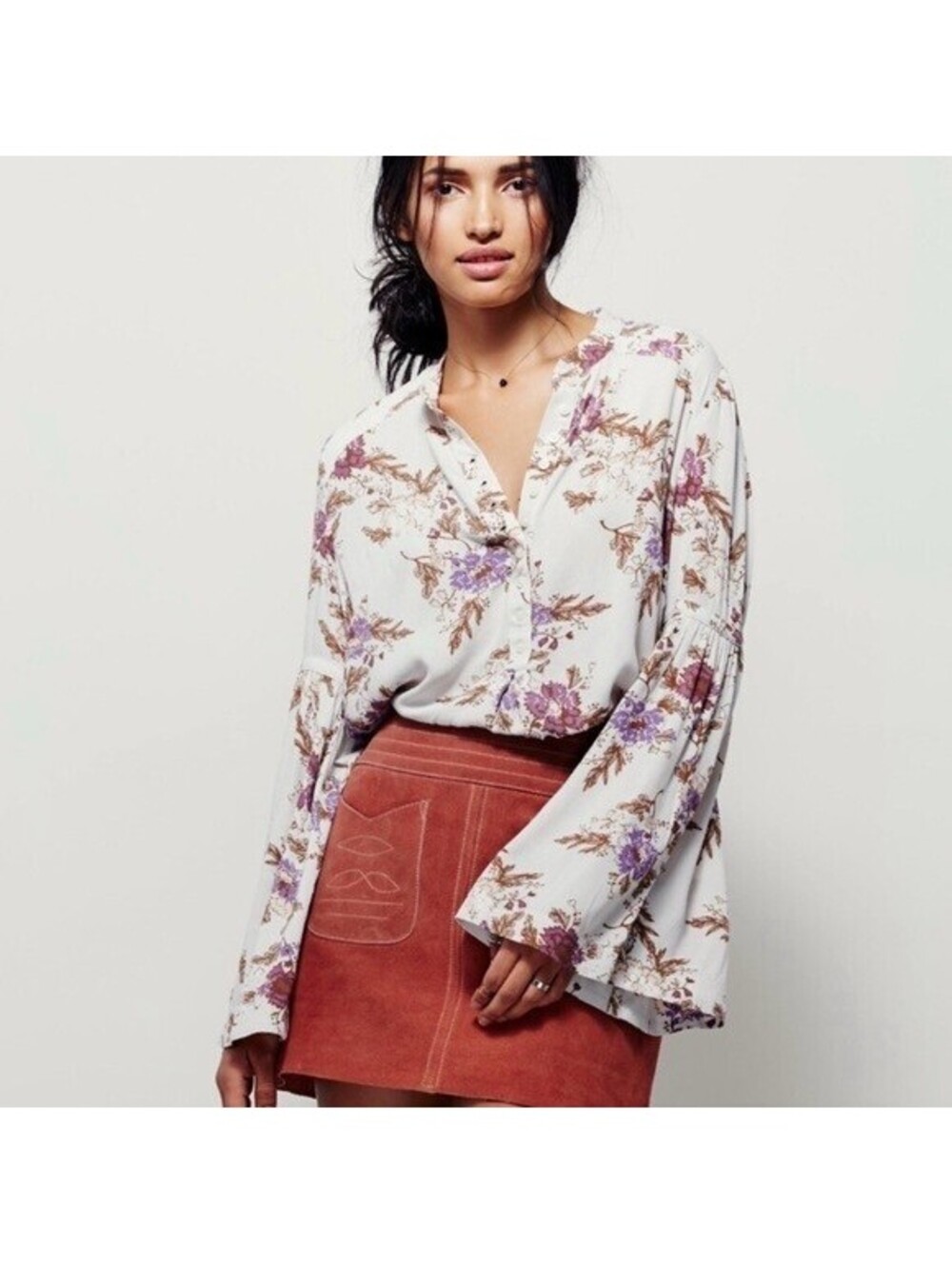 NWT Free People Floral Bell Sleeve Henley Blouse Boho Cottagecore Prairie Size S